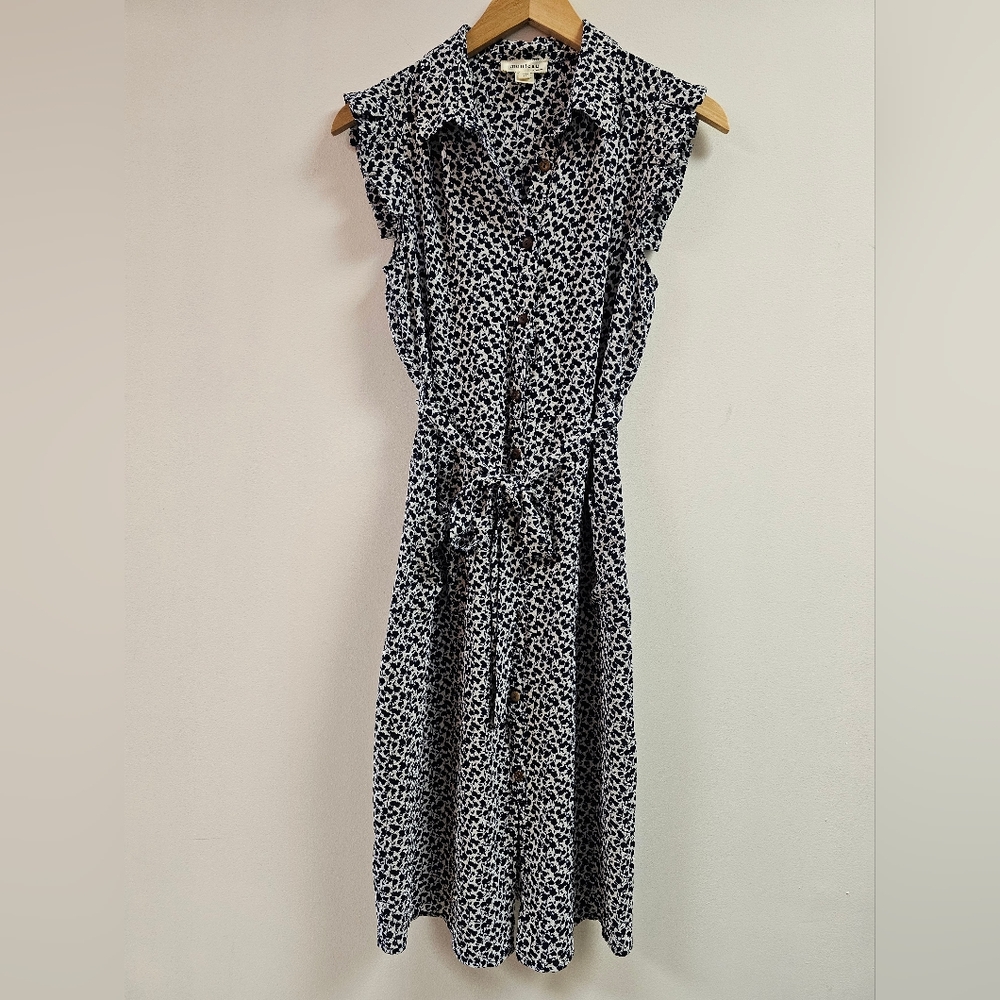 Monteau Navy Blue and White Midi Dress with Pockets and Tie Belt